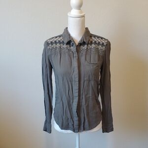 Staring at Stars Army Green Embroidered Button-Down Shirt